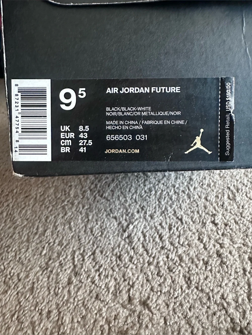 Air Jordan Future Men’s Black/White Mid Top Sneakers 656503-031 2018, Size 9.5